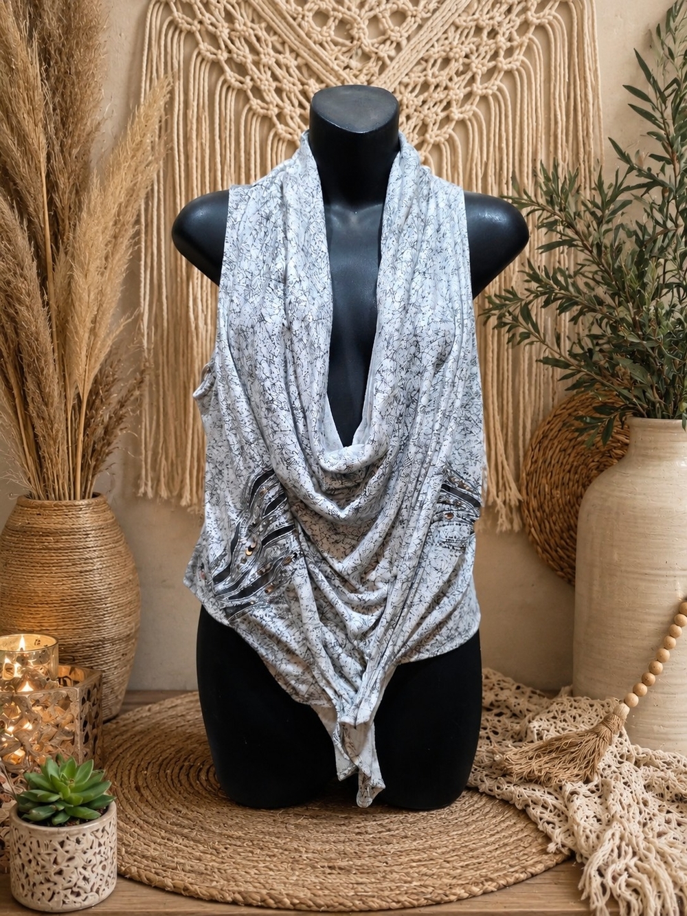 Miss Me Draped Cowl Neck Sleeveless Tank - Light Gray Print